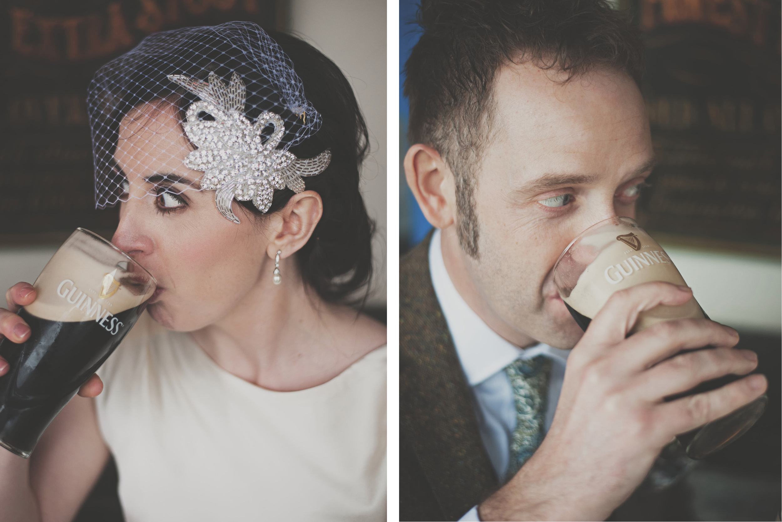 Bride and groom drink pints of Guinness