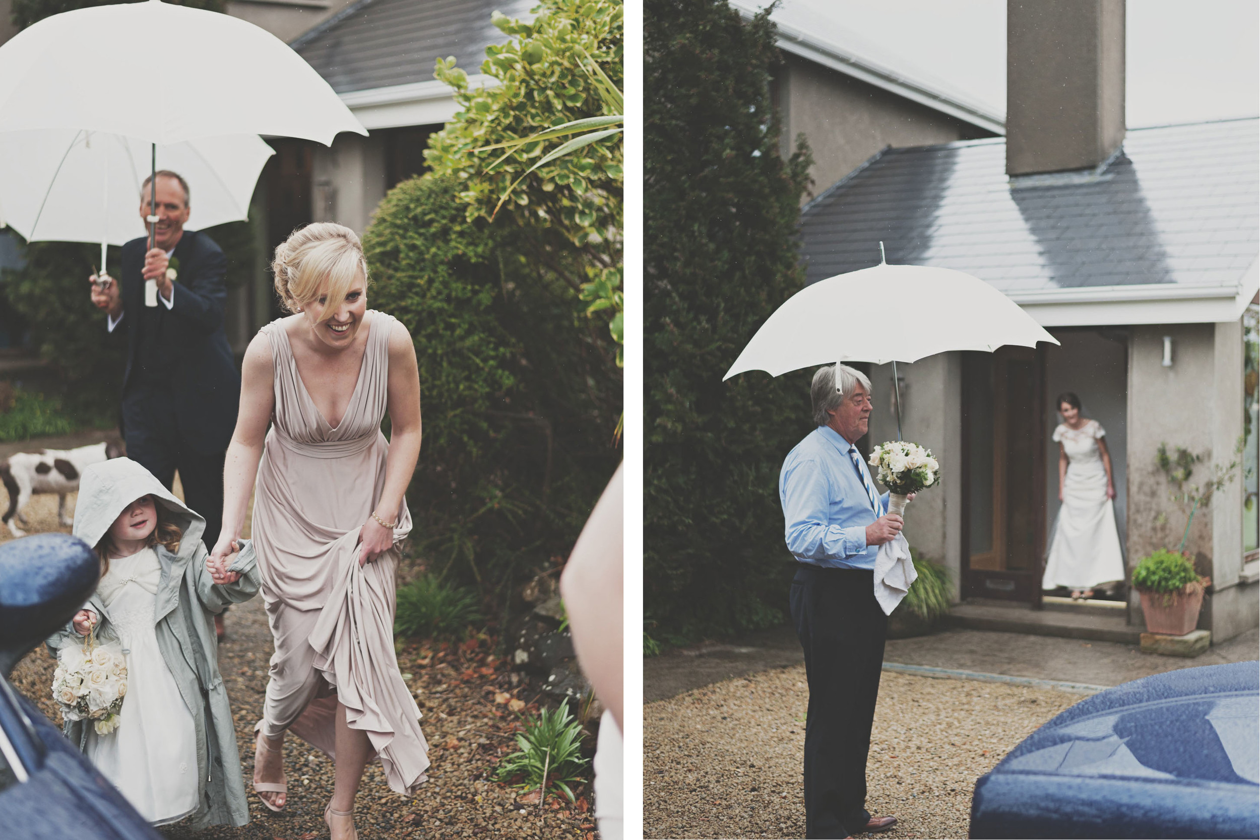 Drizzle of rain as bride leaves the house