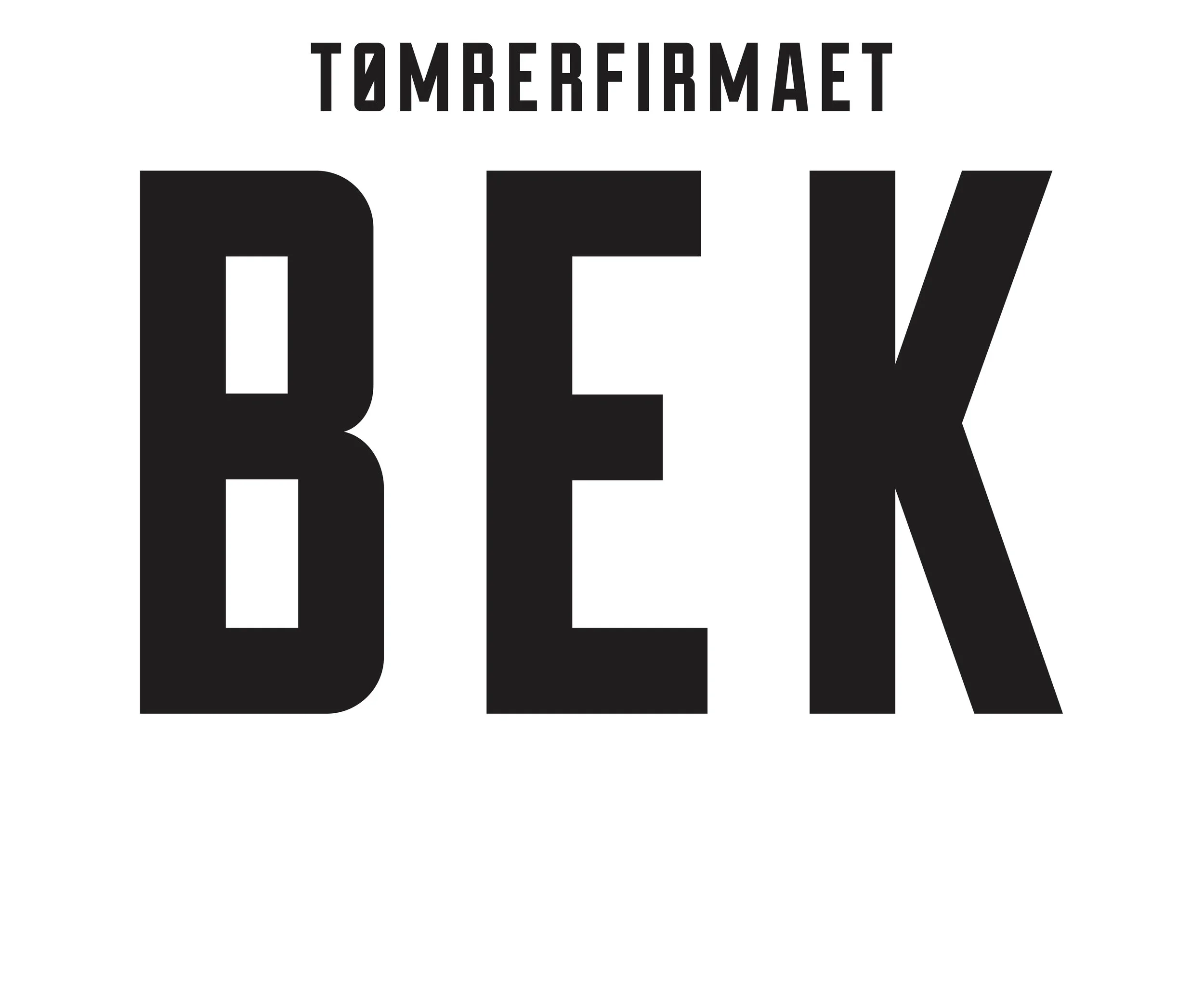 Logo med teksten "Tømrerfirmaet BEK" i sort på hvid baggrund.