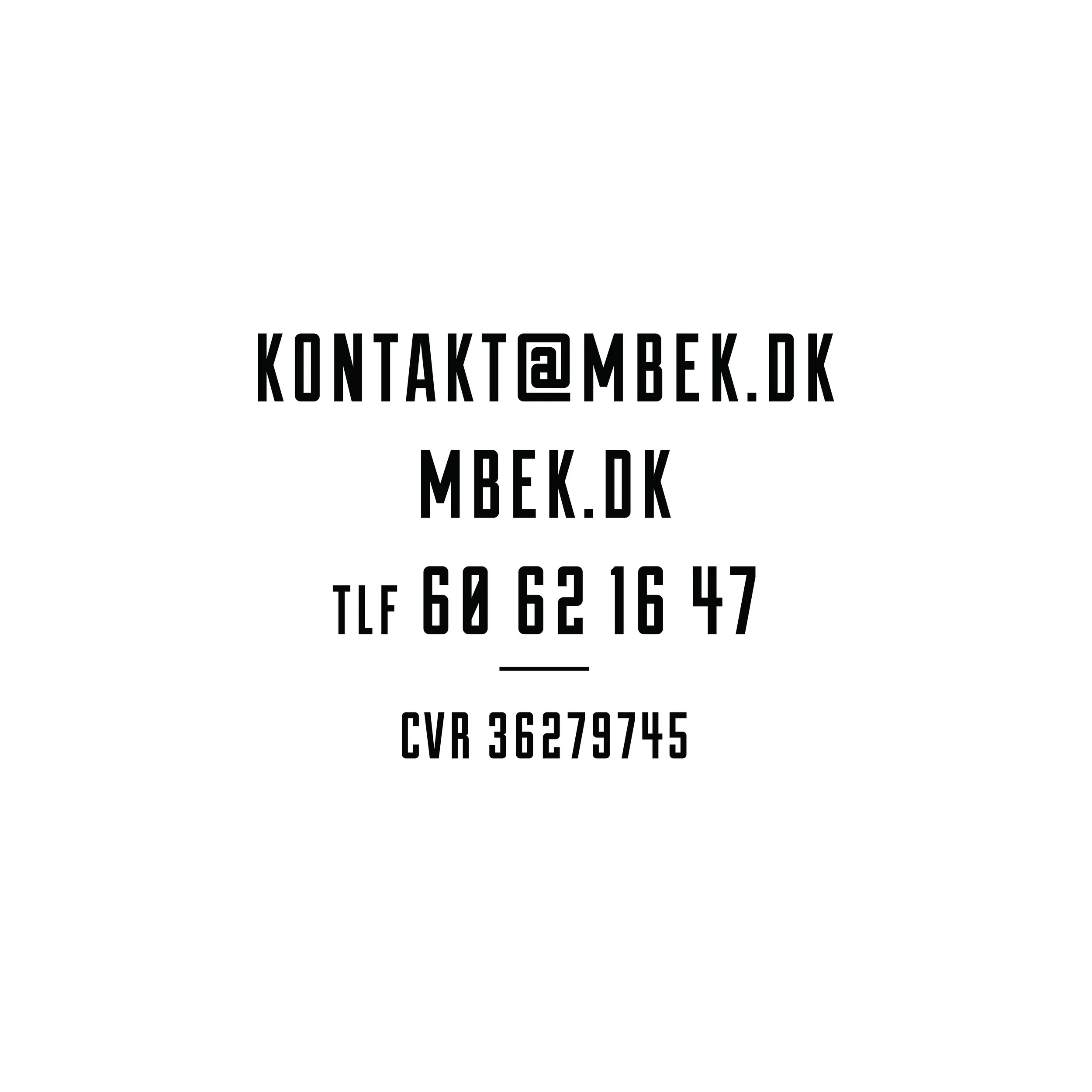 Kontaktinformation for MBEK. DK, inklusive email, telefonnummer, og cvr-nummer.