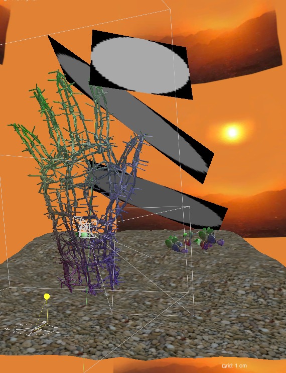 Here is an alternate view in Maxwell render, you can see the barbed wire hand on a textured surface with small cacti in the distance. The 3 light sources hover over the model and are "invisible" to the camera at render time. The environment is a photo background of a hot sunny sky.