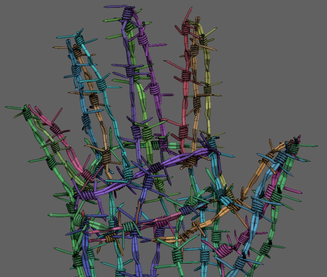 I made a basic hand shape (not shown) and "drew" the barbed wire on it. The basic hand shape was later deleted leaving only the barbed wire cage.