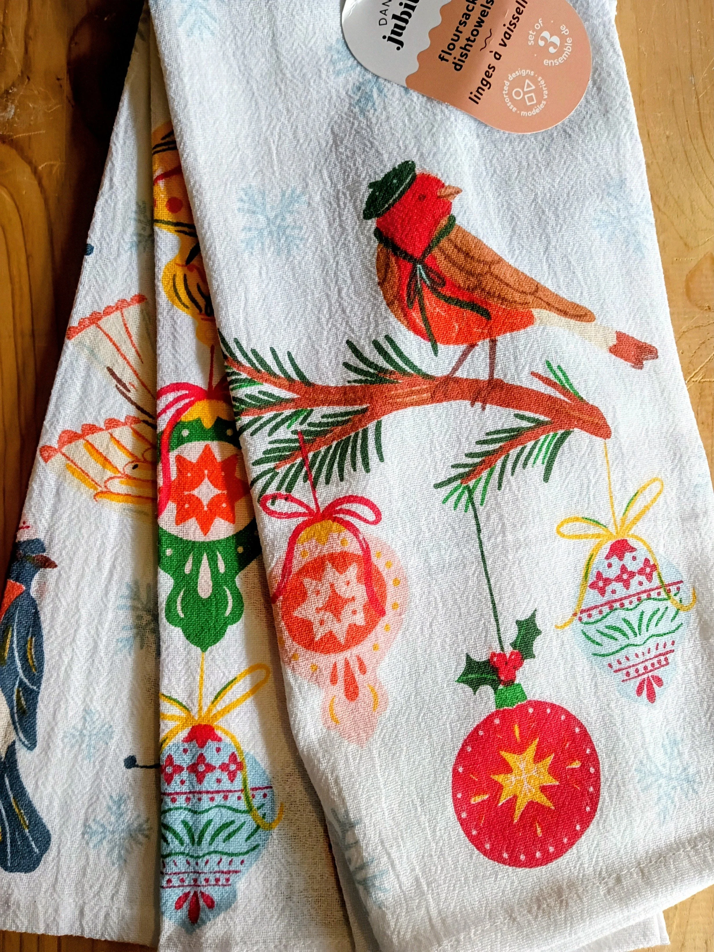 Tea Towel Floursack Season's Tweeting Set of3