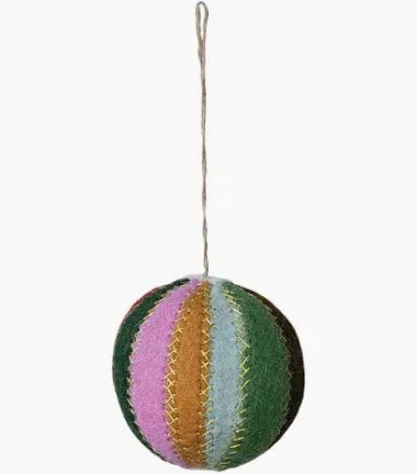 Wool Felt Ball Ornament with Metallic Thread Embroidery