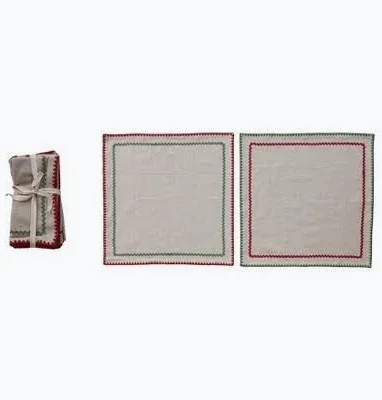 Woven Napkins with Stitched Edge & Ric Rac Trim - Set of 4
