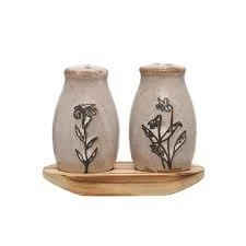 Creative Co-Op Vintage Floral Stoneware Salt & Pepper Shakers with Pine Tray, Black/Natural