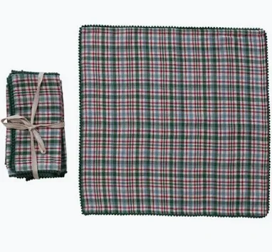 Plaid Cotton Napkin with Pom Pom Trim Set of 4