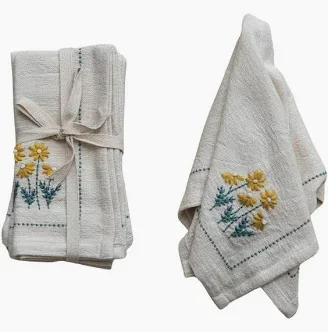 Creative Co-Op Floral Hand-Embroidered Cotton Napkins, Multicolor, Set of 4