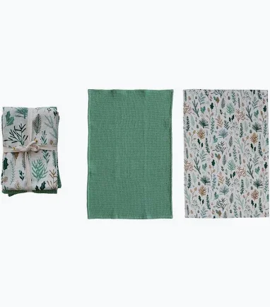 Woven Waffle Weave/Slub Tea Towel with Botanicals Pattern, Set of 2