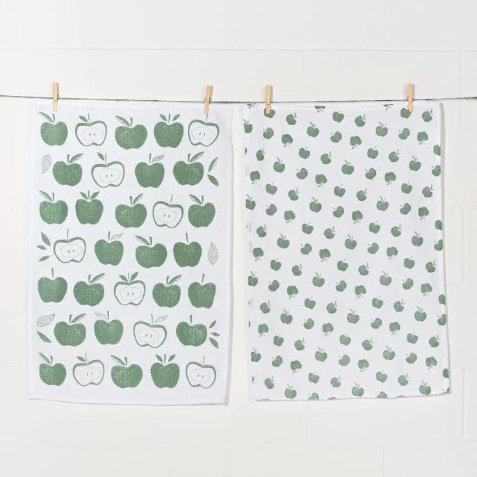 Apples Print Elm Green Floursack Dishtowels Set of 2