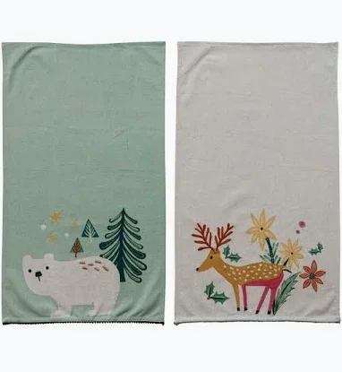 Cotton & Linen Printed Tea Towel w Pom Pom Trim