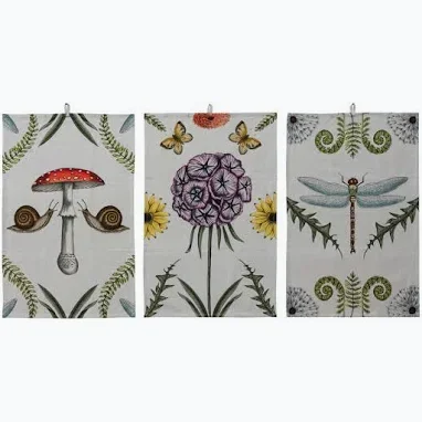 Cotton & Linen Tea Towel with Mushrooms, Snails, Flowers & Dragonflies