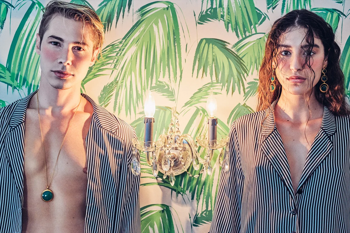 Him: top- The Great, necklace- Dean Davidson. Her: top- The Great, earring- Dean Davidson.