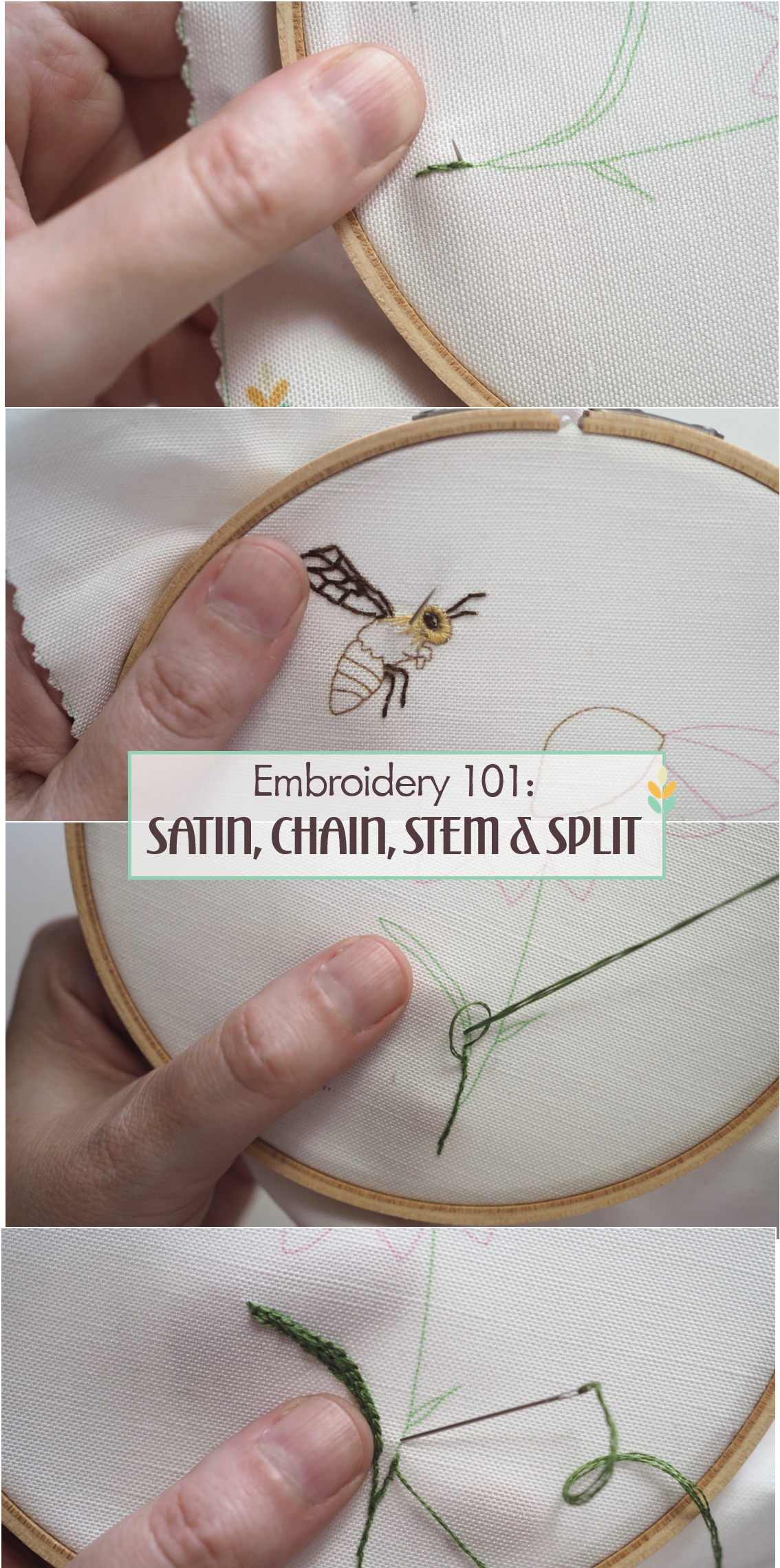 Embroidery 101: Stem Stitch, Split Stitch, Chain Stitch, and Satin Stitch