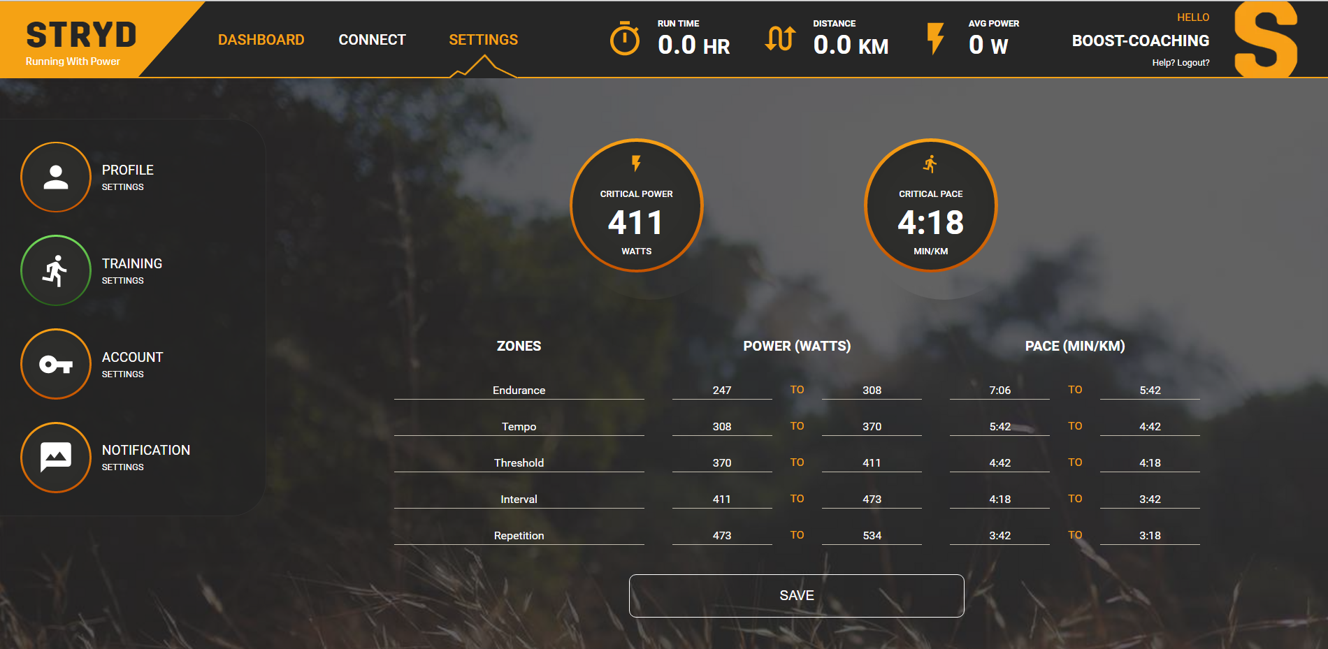 I then placed the rFTPw into the STRYD Power Center to help establish the training zones to work from. My Critical Run Pace was an estimate based on where I perceived my fitness at this point in time. 