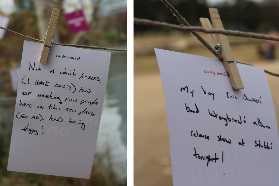 The card on the right was written by one of several friends who traveled to Austin to see their friend perform at a renowned Austin venue that night.