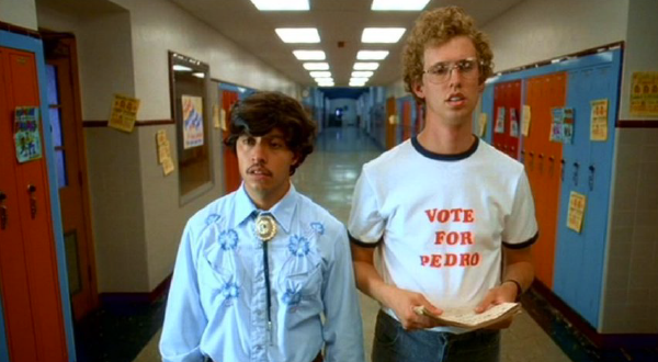 "Napoleon Dynamite" (2012) This movie is full of fantastic shirts. The "Endurance" running horse shirt and the "Air Service International" helicopter shirt, but none more recognizable than the one that made our list. We have all seen it, and we know it instantly. The "Vote For Pedro" t-Shirt worn by actor Jon Heder. 