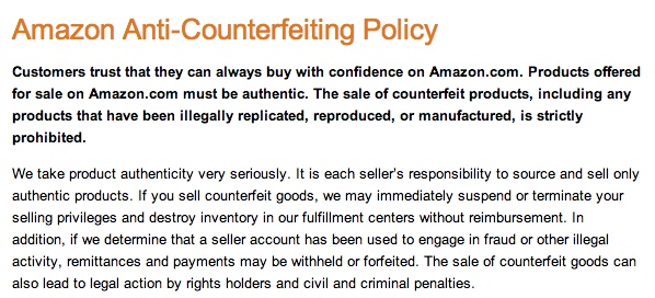 (Amazon’s publicly-posted anti-counterfeit policy)