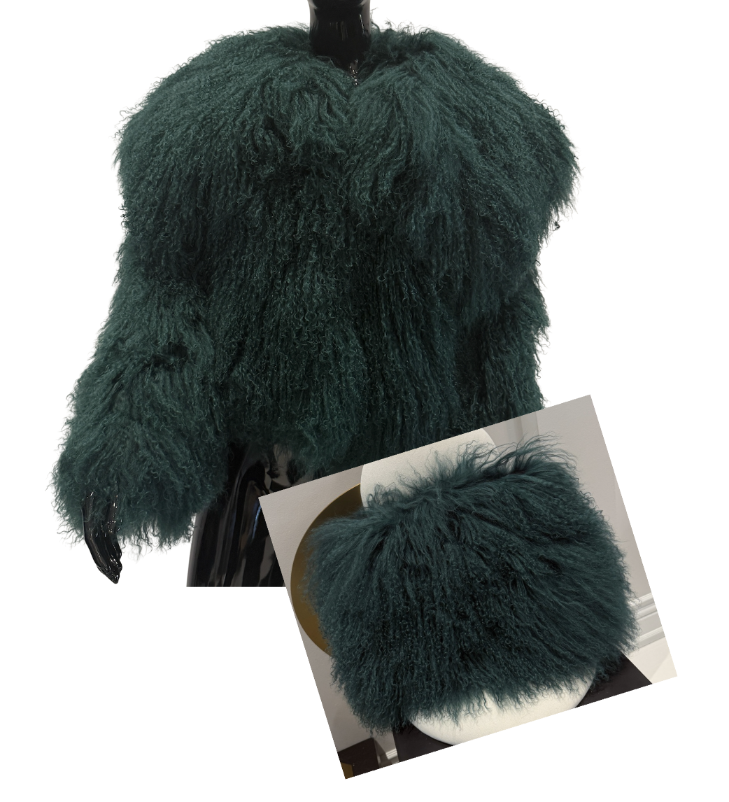 EMERALD SHEARLING COAT SIZE XL+ AND EMERALD SHEARLING CLUTCH SET