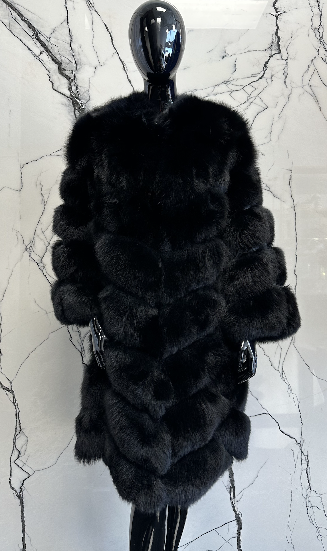 BLACK CHEVRON FOX FUR COAT - S/M