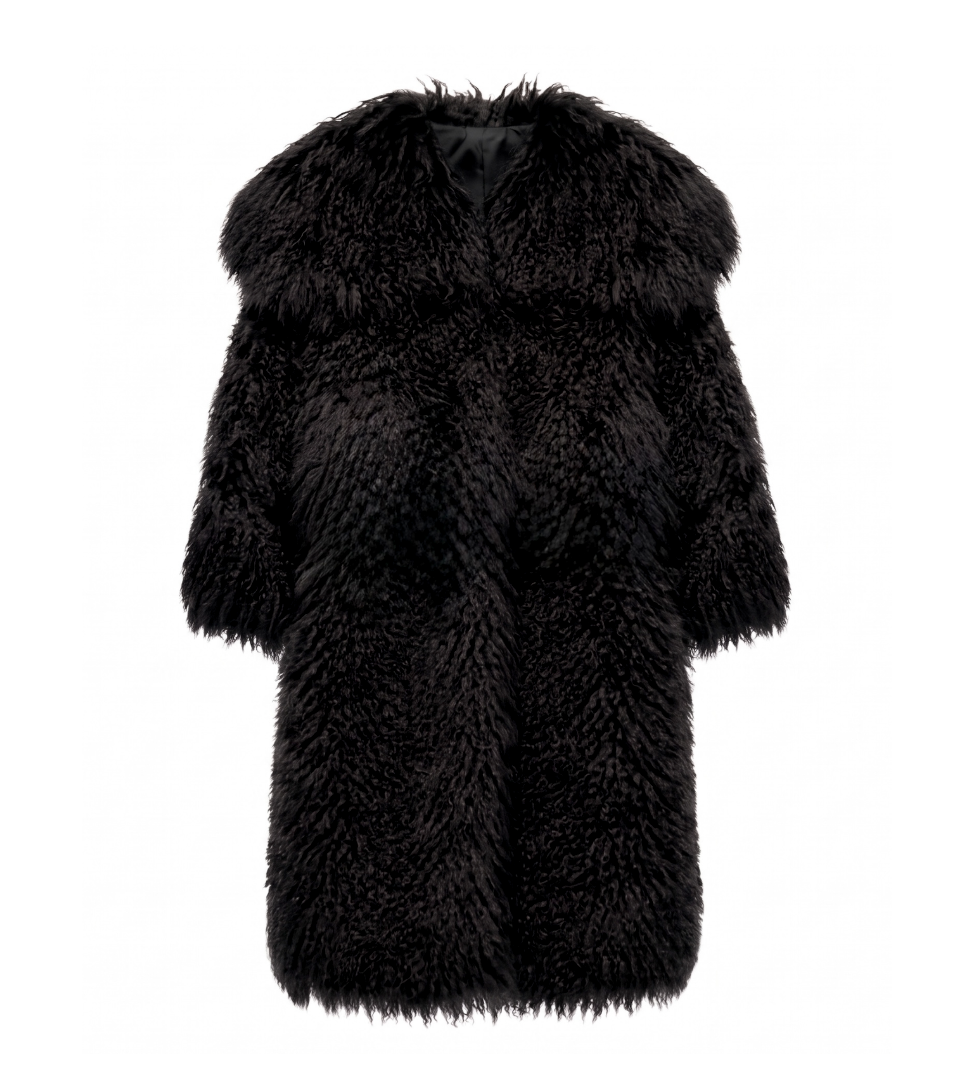 BLACK OVERSIZED COLLAR SHEARLING FUR COAT (LONG) - S/M