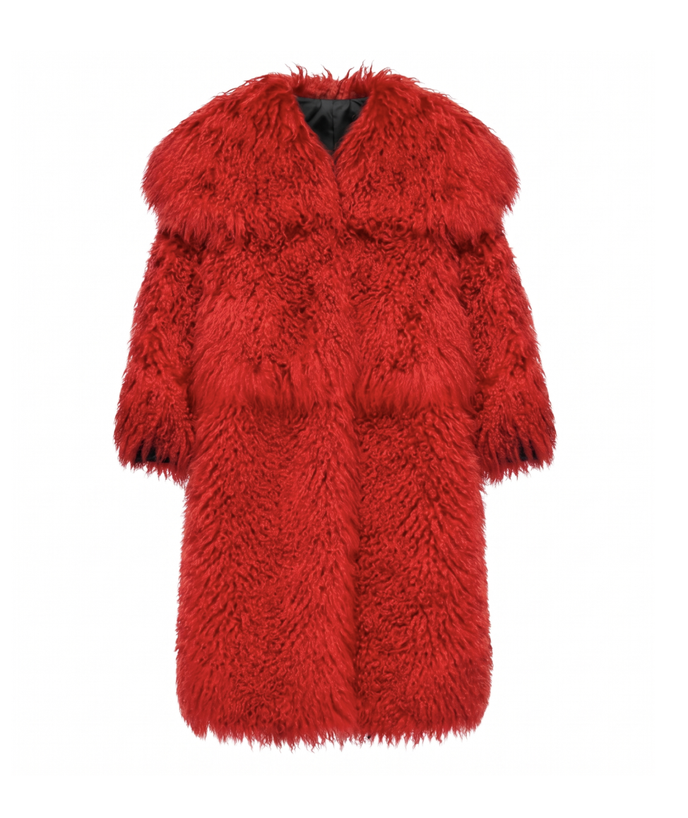 FIRE RED OVERSIZED COLLAR SHEARLING FUR COAT (LONG) - S/M