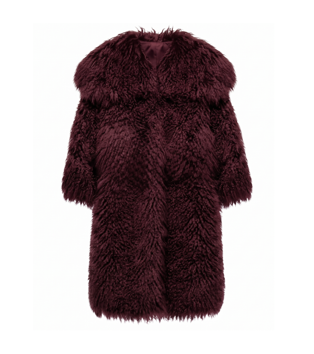 OXBLOOD OVERSIZED COLLAR SHEARLING FUR COAT (LONG) - S/M
