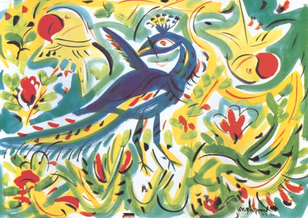 Quamrul Hassan, Peacock and Parrot, 1976. image courtesy: Depart
