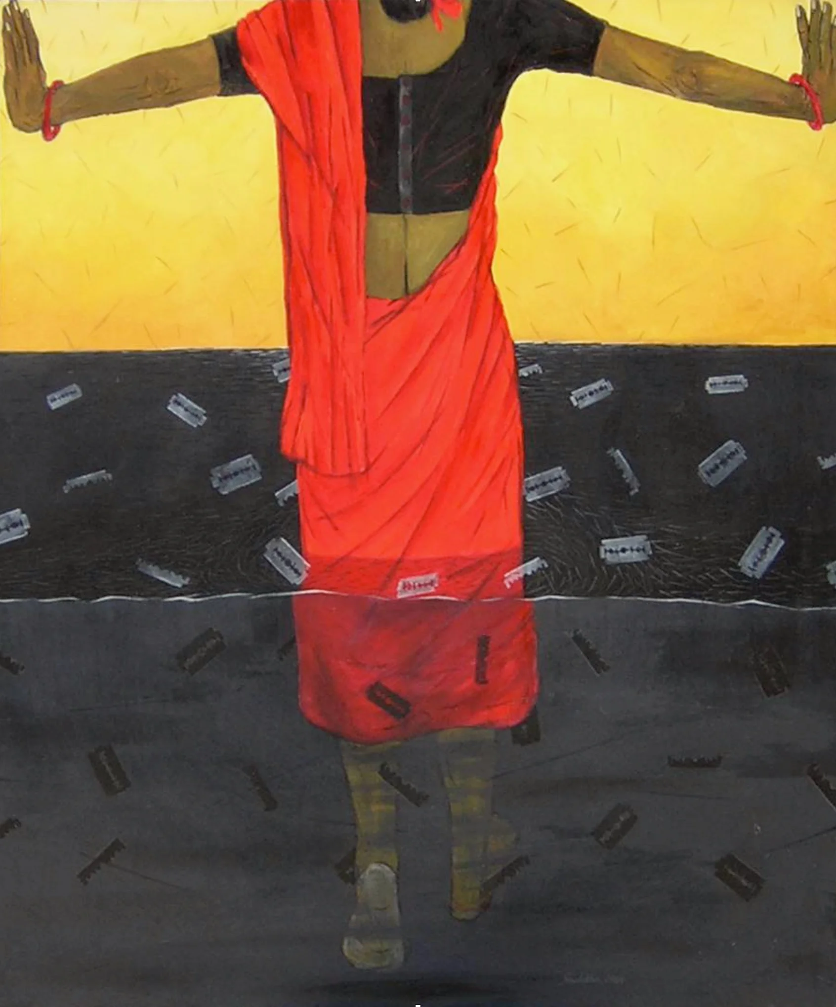 My Time-17 This painting tells the story of a woman braving numerous odds. The path of a woman is replete with hindrances as sharp as the edges of blades. In our society, a woman has to wade through pitch-black waters (time). She has crossed a long distance towards the light, but even longer way lies ahead.