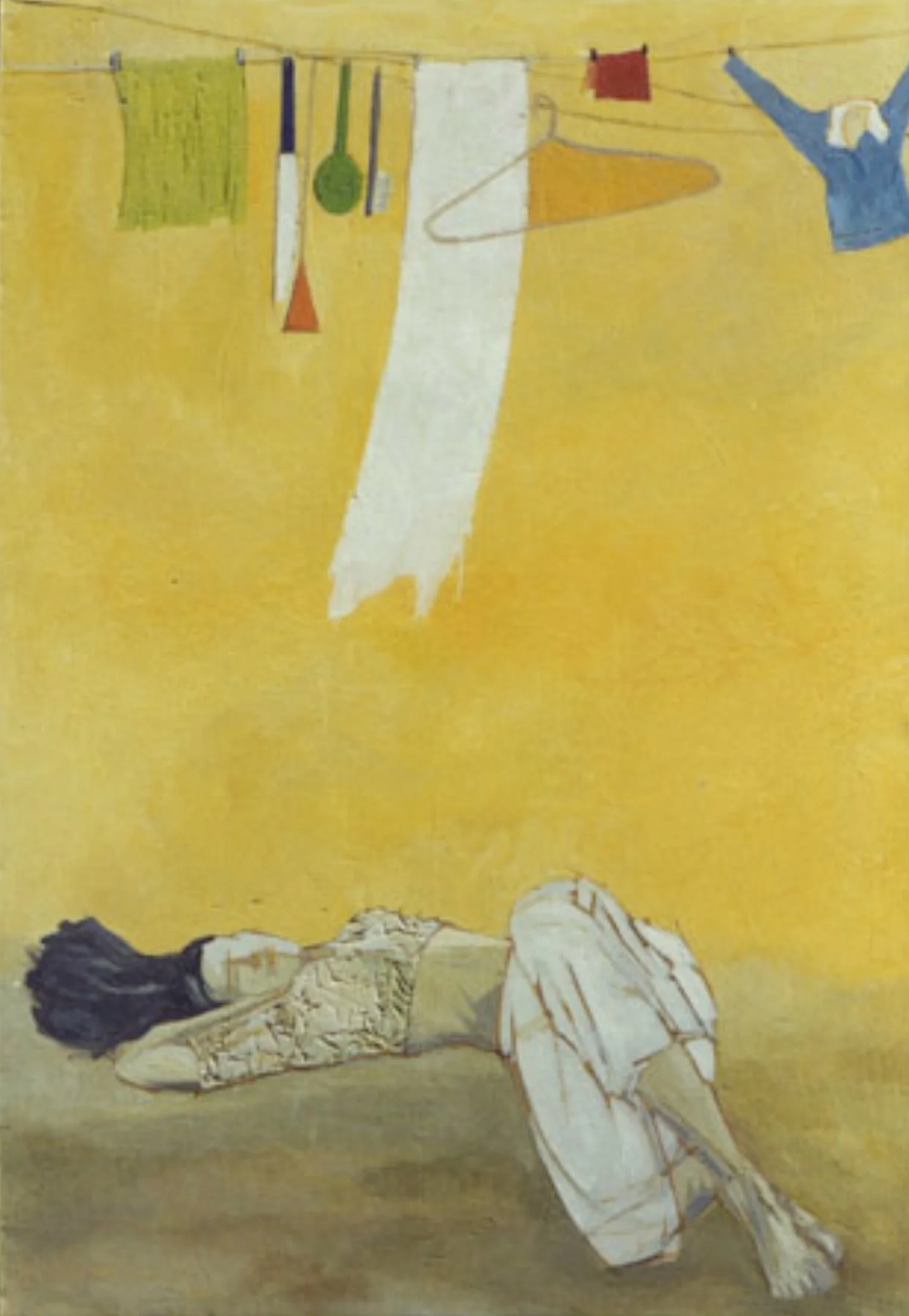 Fraction-12 This mix-media painting is dominated by a yellow color that is used to symbolize the withered time. In this painting, there is a weary girl in a reclining position. Above this figure are clothes, hangers, knives, brushes, spades, spoons, etc. suspended from horizontal ropes. A parallel could be drawn between the suspended utensils and the social status of the woman figure below. She is rather treated as an inanimate object in our society and the legacy of this outlook still carries.