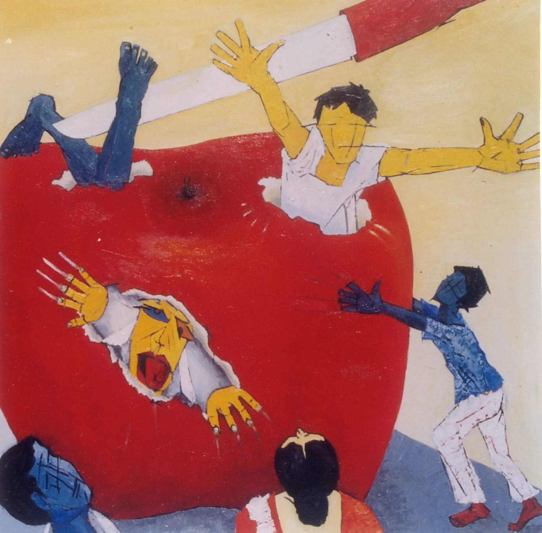 Fruit Worms In this painting, the fruit worms symbolize the greedy guys who are eating away our society, culture, and heritage. These lusty people are gulping the apple, our society. Nevertheless, there are honest and innocent masses, who exert their energy to create beauty out of everything around them. They are pushing our society forward.