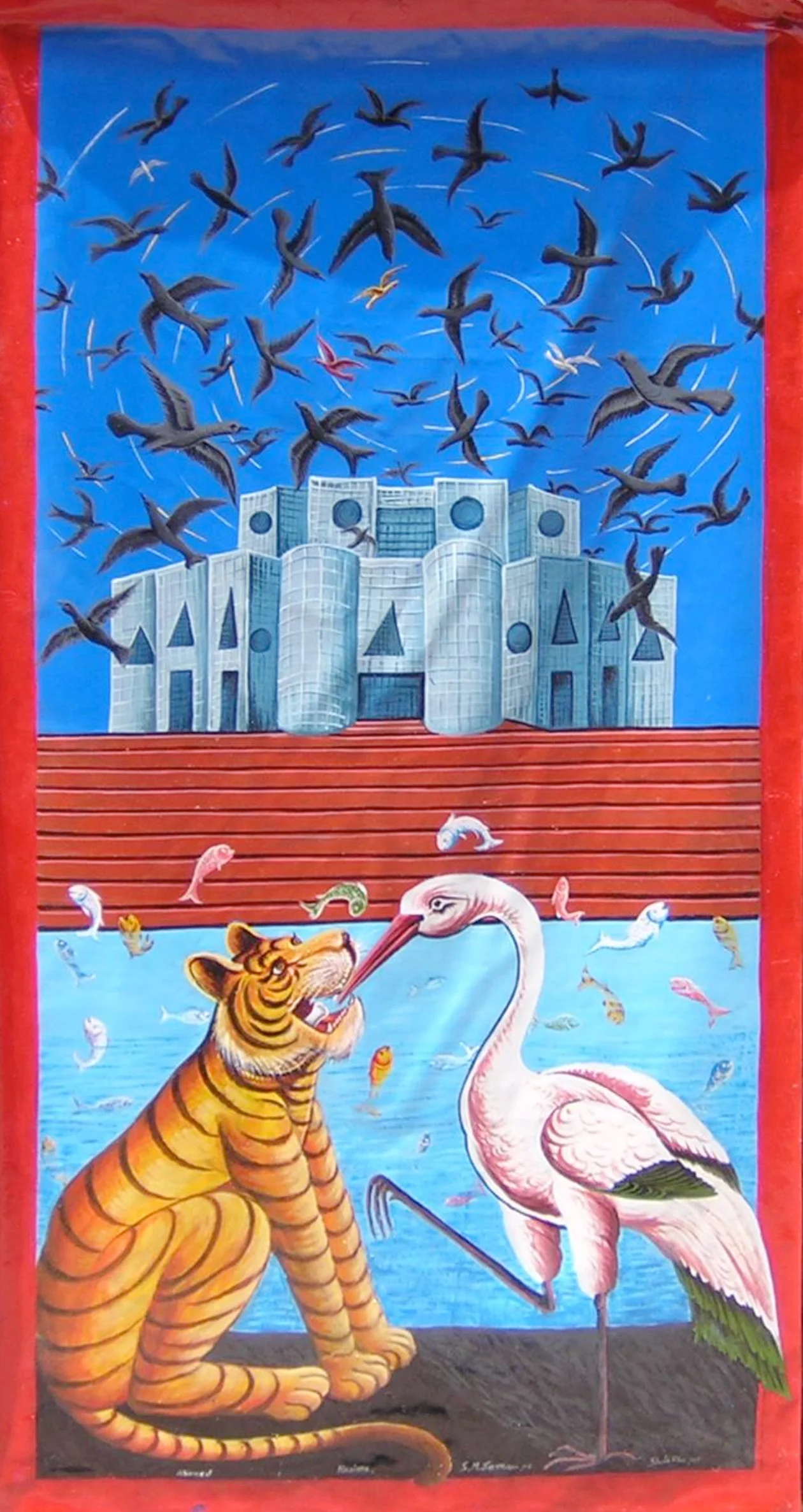 A Millionaire Crow This painting is a blend of political satire and folk tales. Painted in rikshaw-painting style it shows a flock of crows flying in circles above the roofs of the National Assembly building. This ominous incident suggests the mayhem that currently is ruling over the realpolitik. In the painting, there is a brisk business of fisheries going on in full swing on the lakes of the assembly premise. In the bank of the lake, there is the famous display of deception being performed by the two characters (i.e. the tiger and the crane) of a famous folk tale. The tale reminds us of the deceits of the disdainful political leaders.