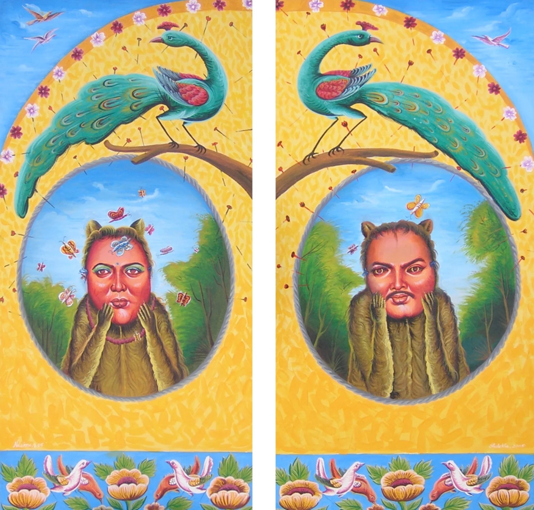 Journey by Rickshaw This is a painting done in collaboration with traditional rikshaw-painters. It is the outcome of a workshop that was participated by rikshaw-painters and contemporary artists. In this particular painting, we have painted the upper half of a rikshaw viewed from behind. Traditional designs decorate the foreground of the space. Inside this design, there are two beasts (a female and a male) of the jungle with the head of human beings. The beasts are trying to panic each other wearing the mask of a human face. This is a satirical depiction of the grotesqueness and cruelty of the human beings surpassing even the ferocious beasts.