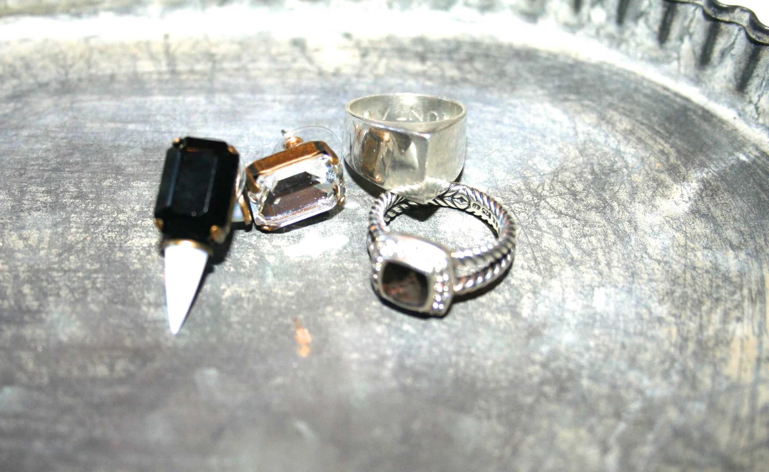 Vintage Tray with Lionette earrings, Hunt Amor Bella ring, and David Yurman Pave Diamonds/Smokey Quarts Ring