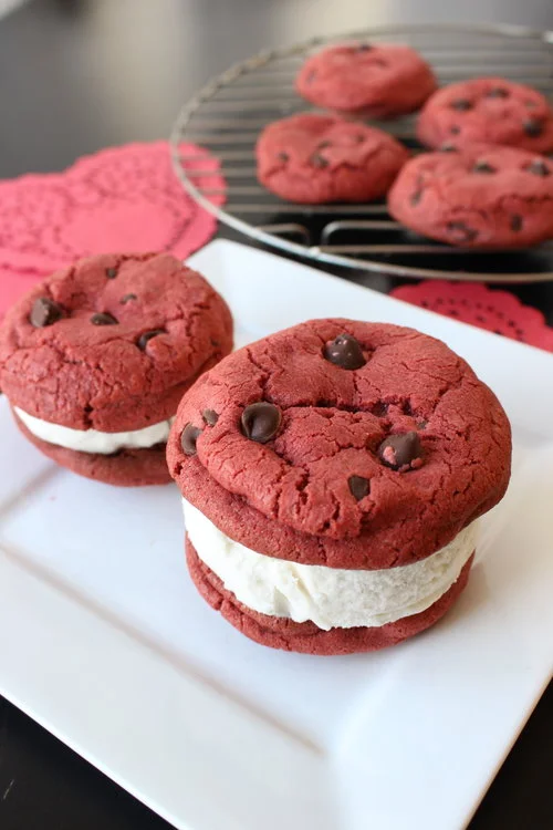 Just in Time for Valentine's Day: Red Velvet Chocolate Chip Cookie Ice Cream Sandwiches
