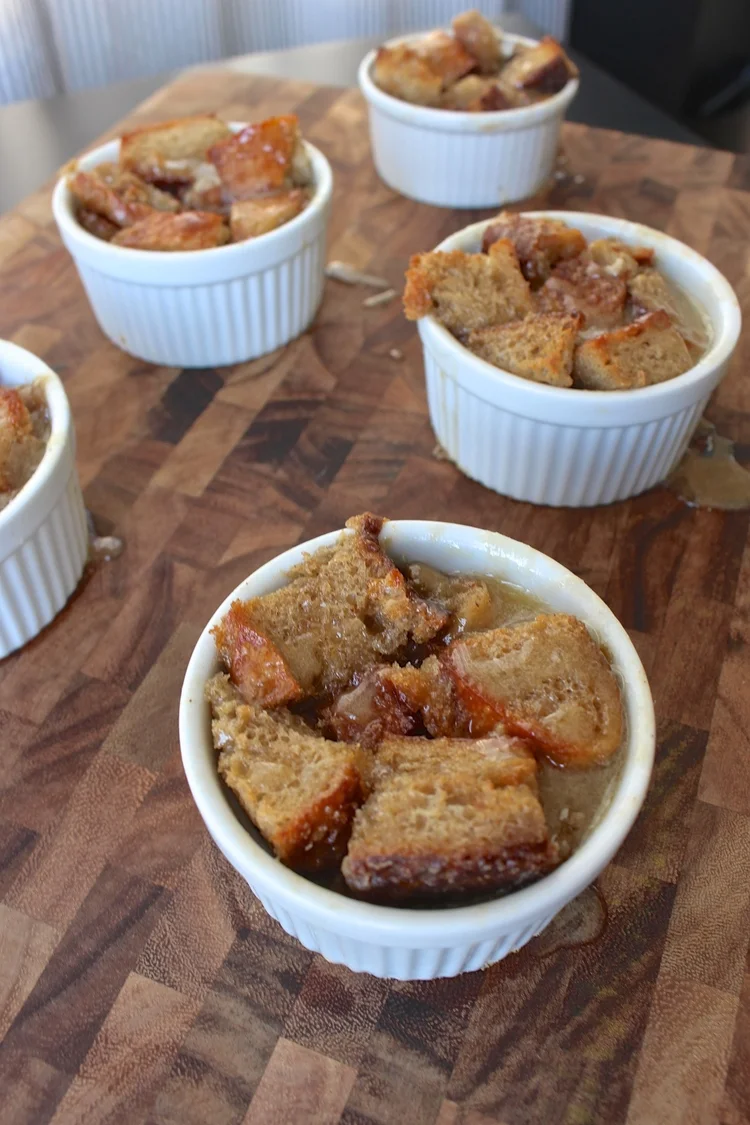 Individual Vanilla Chai Bread Pudding with a Bourbon Sauce Topping