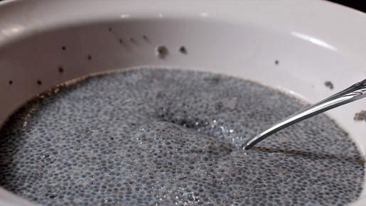 Chia seeds in water swell with mucilage, making them look more like frog eggs than seeds.