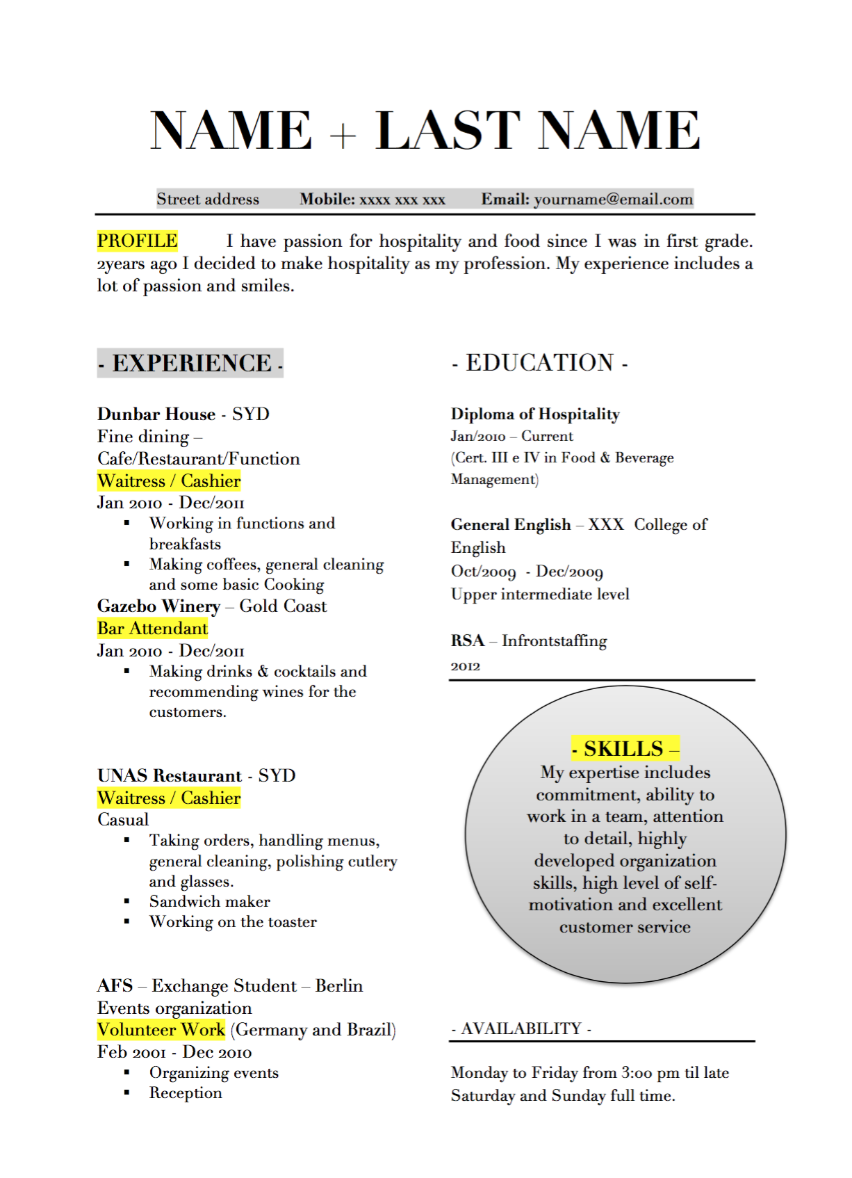 Resume - Waiter - Style