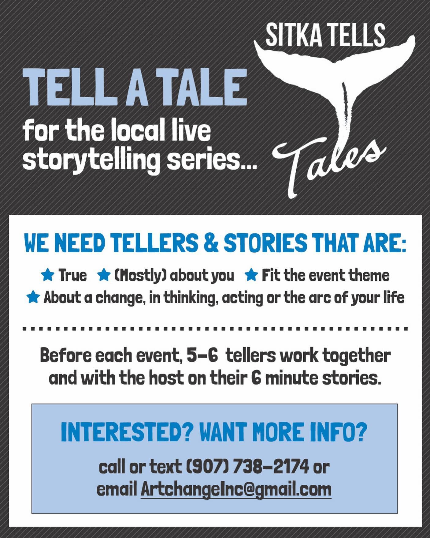 Are you in Sitka, or a translator community of @kcawradio? We're looking for potential storytellers for our ongoing series, Sitka Tells Tales! It's fun and serious too! #sitkatellstales #livestorytelling