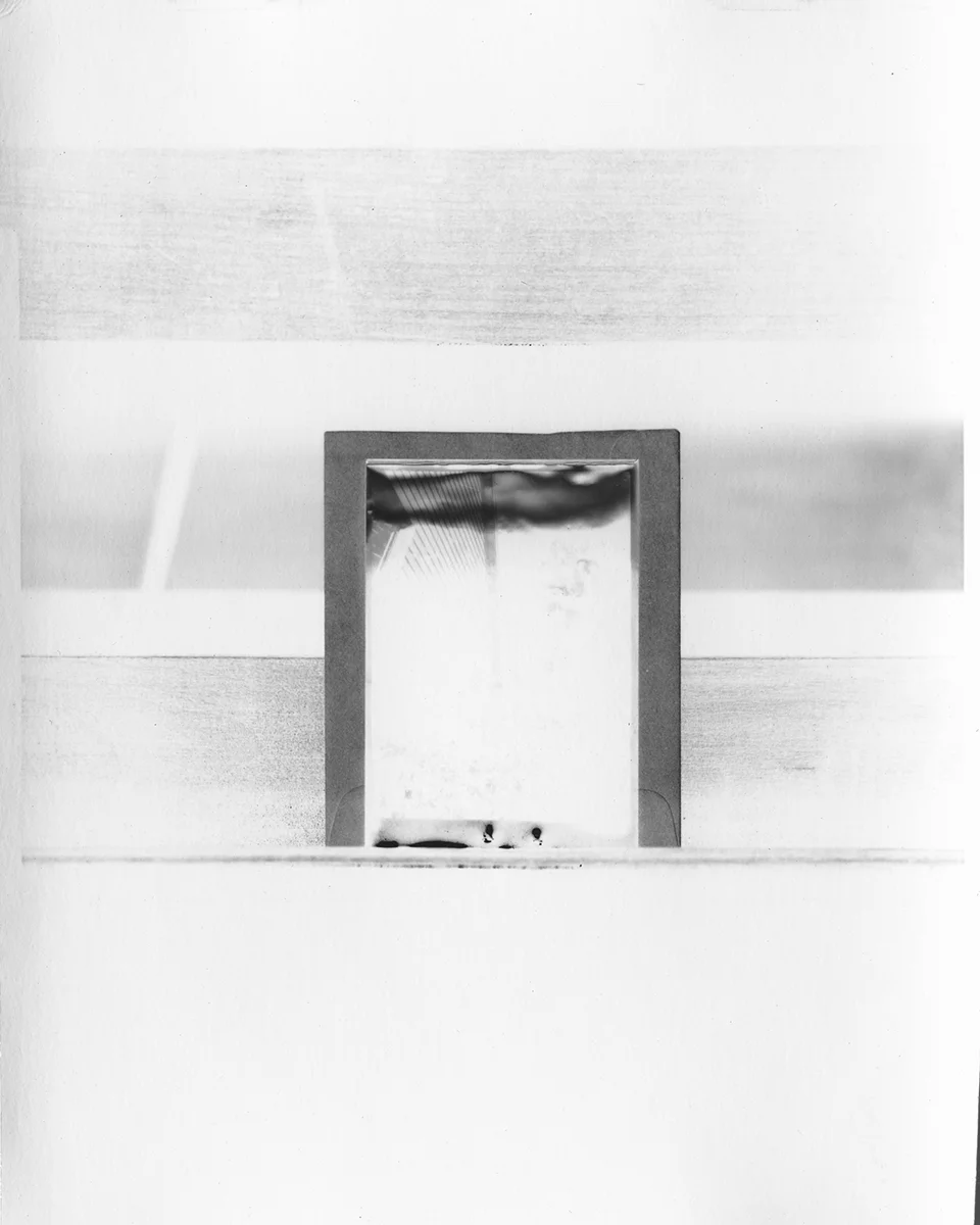 Envelope and print sleeve on stand. Black Mountain College Papers Office of Archives and History Raleigh, North Carolina , 2011. Silver gelatin paper negative, 5 x 4 inches.