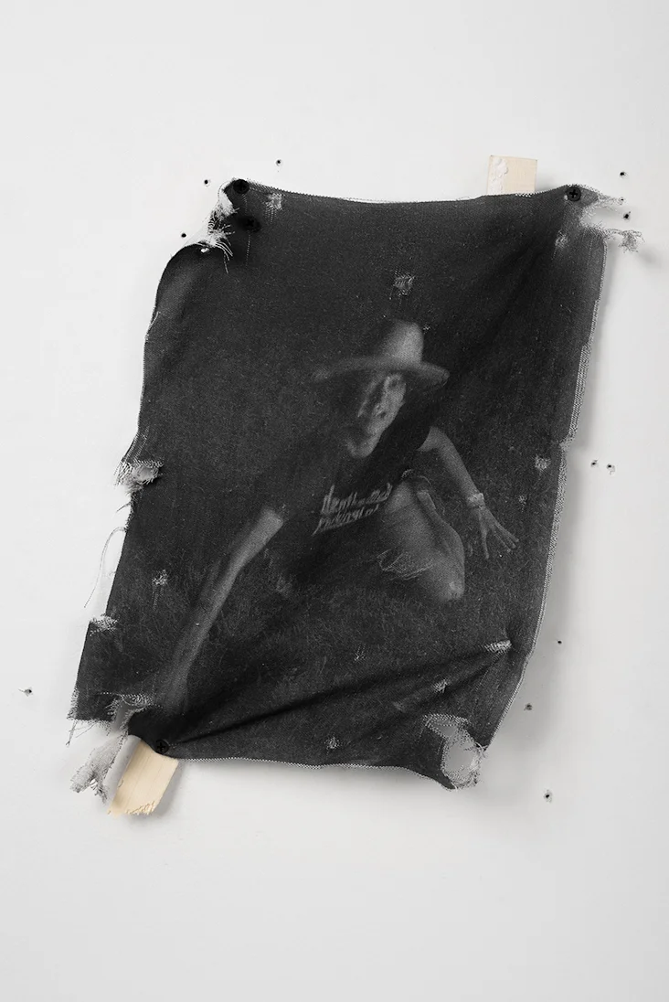 The sun exclusively loves the night and directs its luminous violence, or: The making of the menace. 2016- 17. Pigment print on canvas, balsa wood, plaster, clear rubberized coating, drywall screws, and screw holes; 15 x 11 x 2 inches.