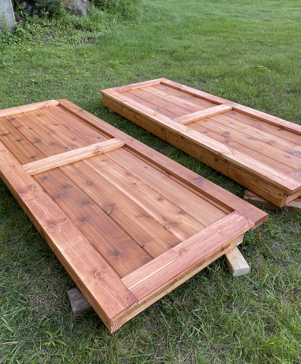 Cedar doors, built and ready to be installed