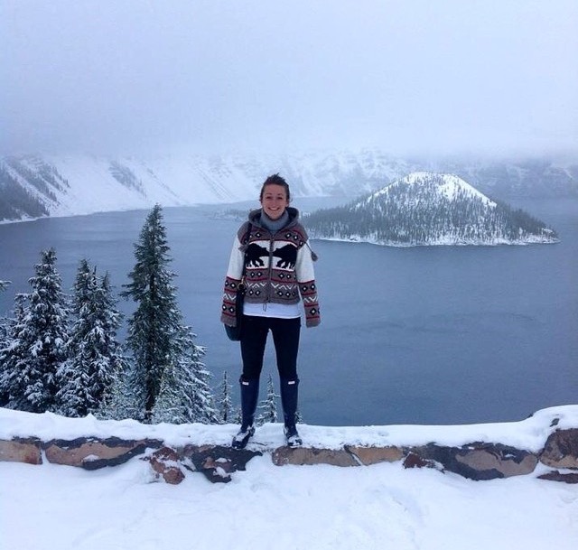 Charlotte at Crater Lake, Oregon, USA. And yes, we too want that jumper.