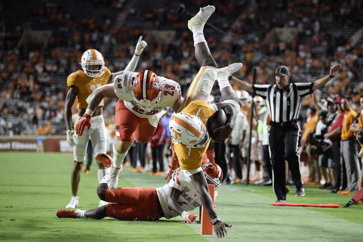  Tennessee quarterback Joe Milton III (7) leaps into the end zone for a touchdown attempt during a game at Neyland Stadium in Knoxville, Tenn. on Thursday, Sept. 2, 2021. 