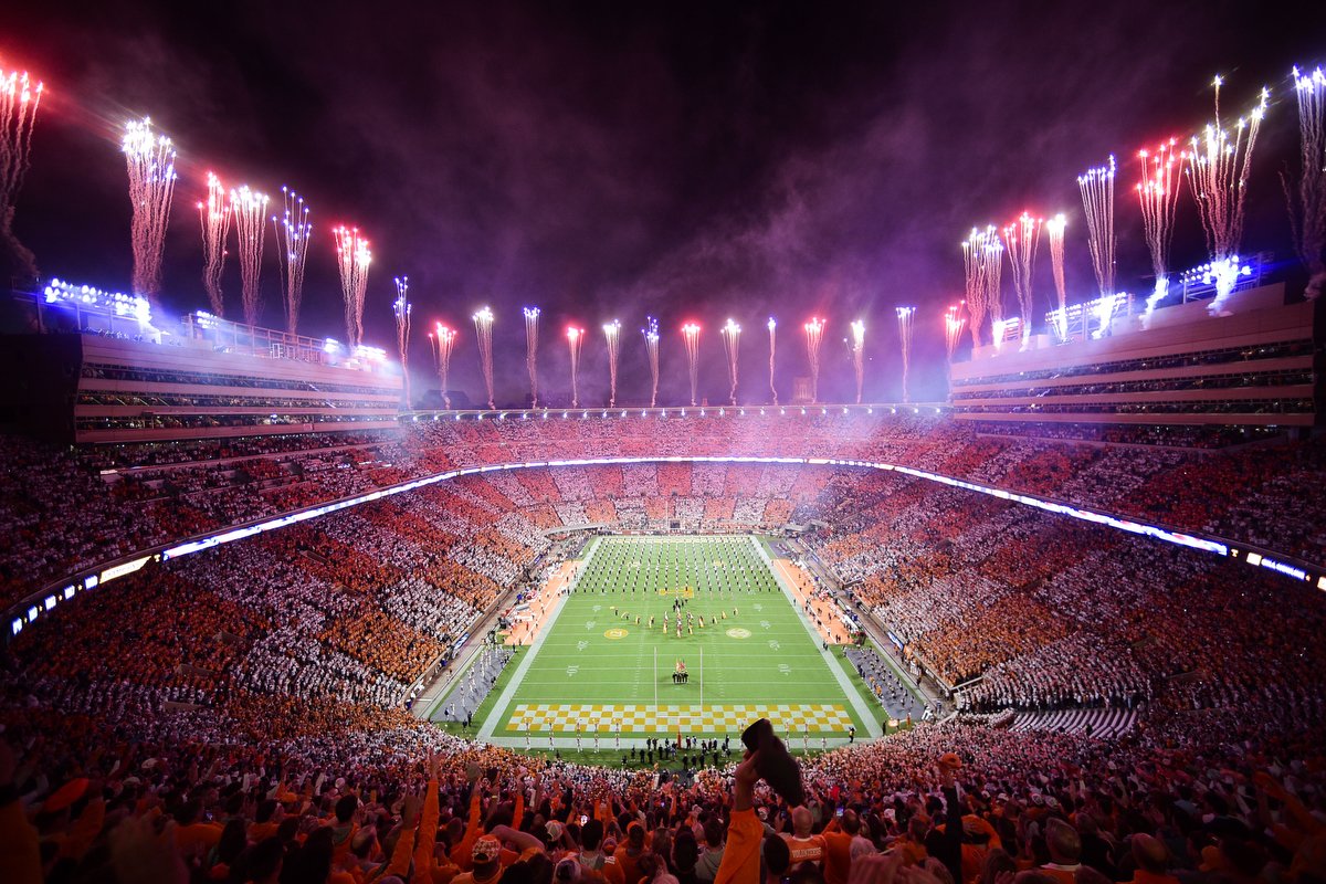  Fireworks are set off before an SEC football game between Tennessee and Ole Miss in a checkered Neyland Stadium in Knoxville, Tenn. on Saturday, Oct. 16, 2021. 
