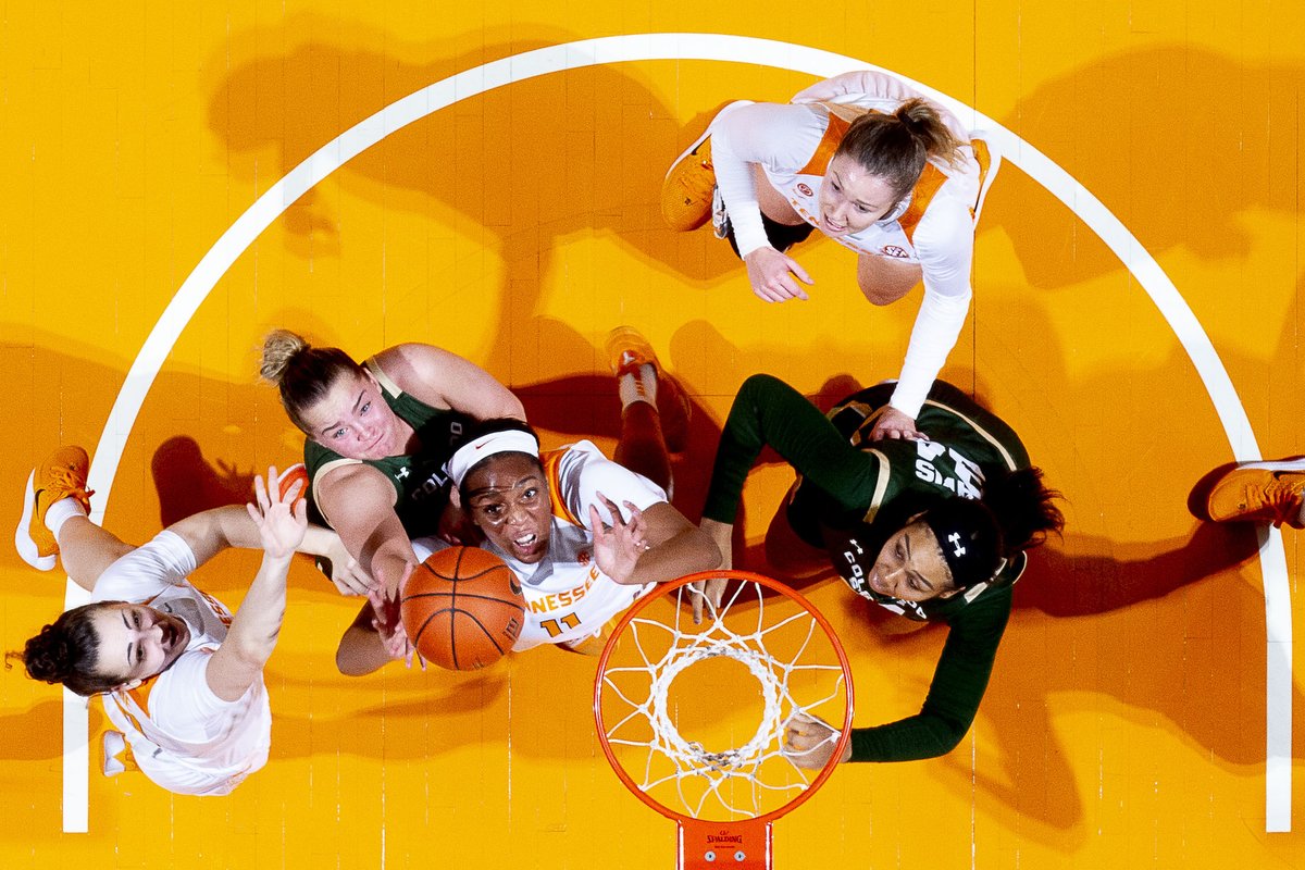  Tennessee center Kasiyahna Kushkituah (11) and guard Jessie Rennie (10) reach for the rebound past Colorado State’s Jamie Bonnarens (12) as Liah Davis (34) and Tennessee forward Lou Brown (21) watch during a game at Thompson-Boling Arena. 