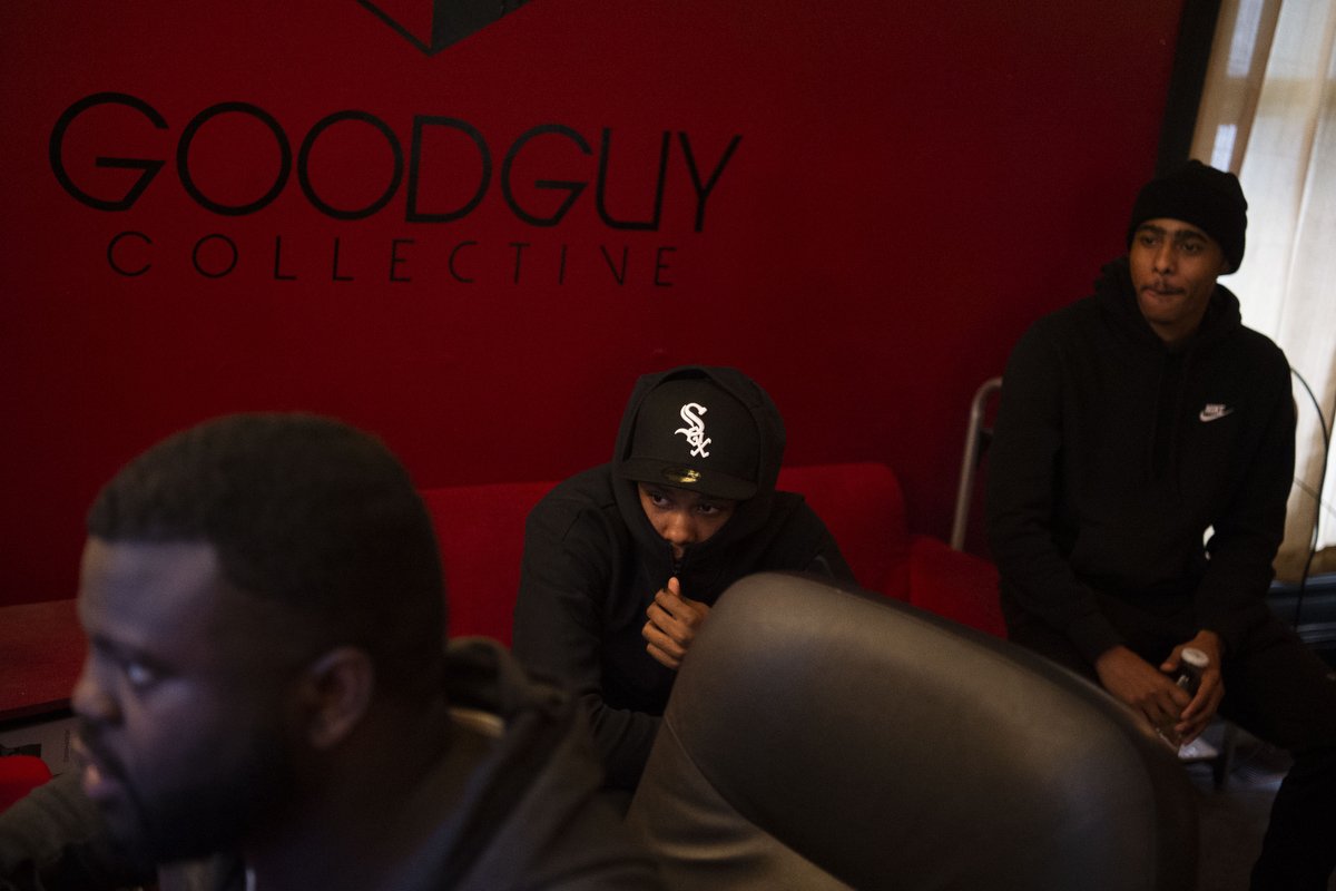  Jarius Bush, left, works with rappers Terrence Price, aka TP, center, and Ashante Price, aka Swoo, during a recording session in the Good Guy Collective space at the Birdhouse in Knoxville. 