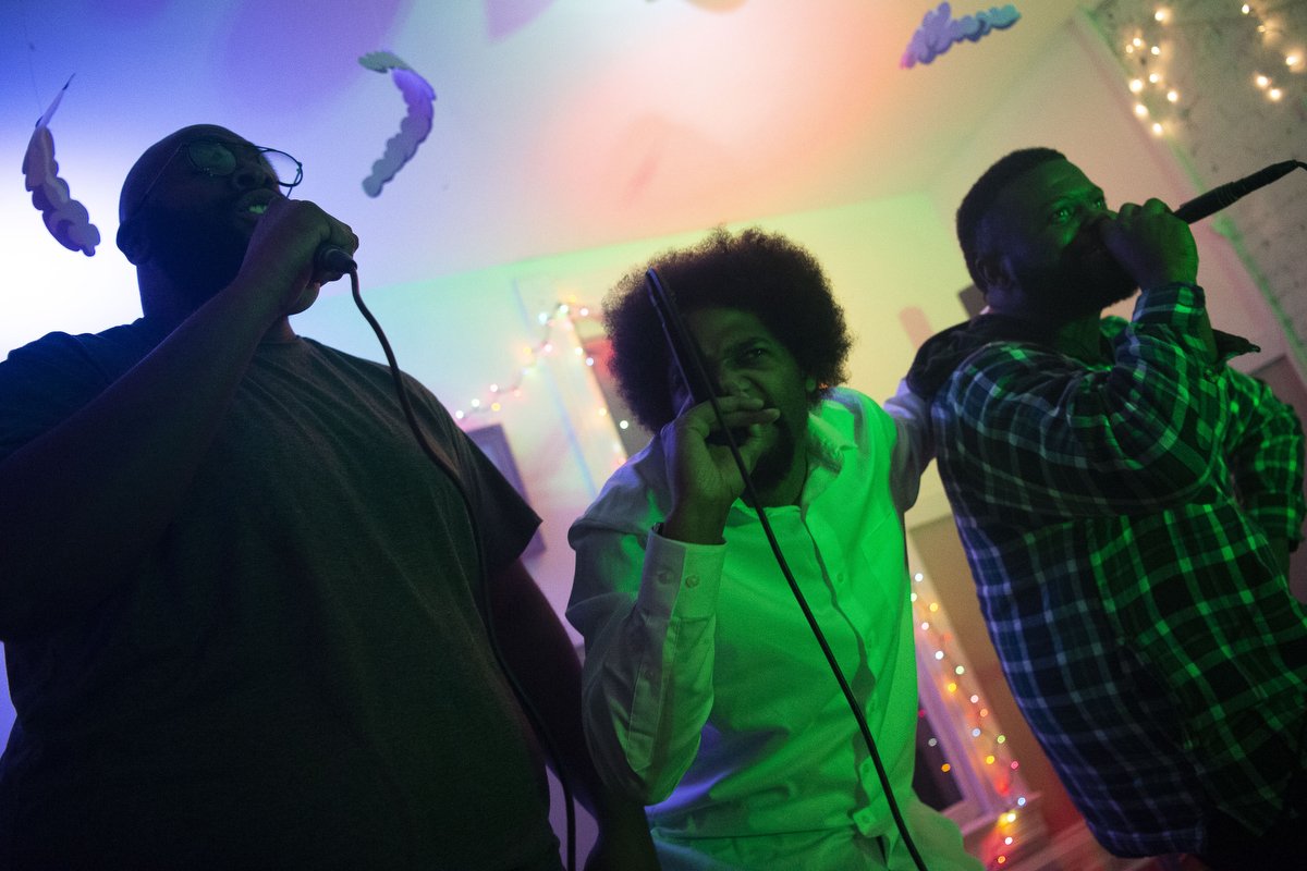  From left, hip-hop artists Alonzo Rodgers, Mr. Kobayashi and J.Bu$h perform their song "Sprout" during a livestream concert pre-recording at the Birdhouse. 