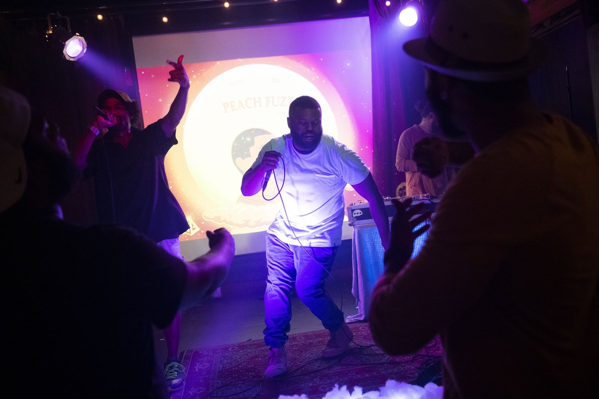 Alongside Colby Earles (left), Jarius Bush performs at The Pilot Light to promote "Peach Fuzz," the first installment in his three-part series of albums about growing up. Hip-hop, however, has been plateauing in Knoxville for years, Earles said, lea