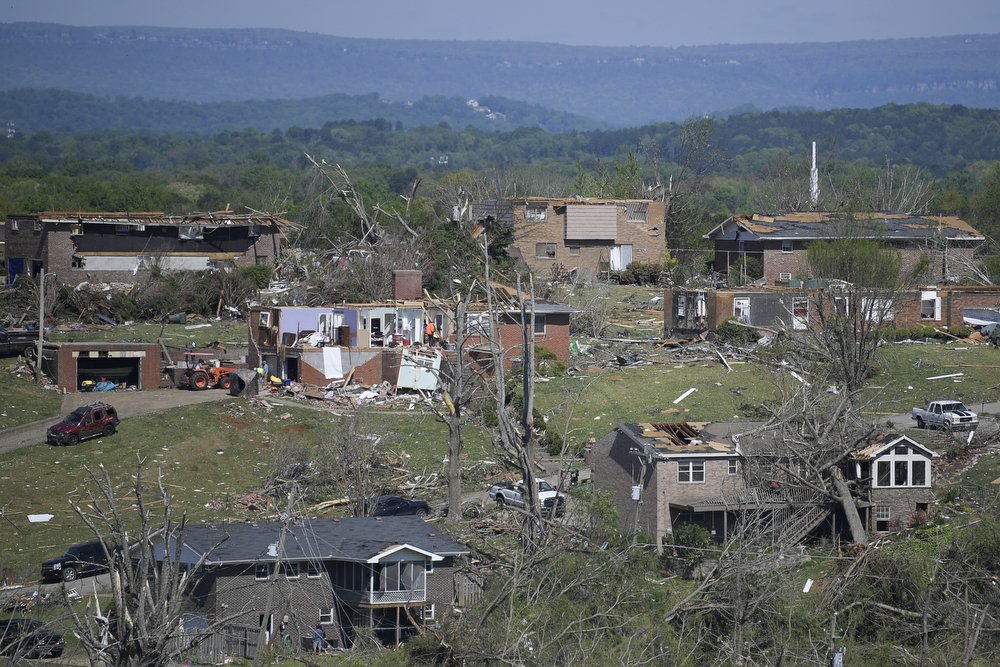  Damaged homes are seen in the Holly Hills subdivision in Chattanooga, Tenn. on April 14, 2020. A EF-3 tornado tore through Hamilton County causing widespread damage and killing at least two people and sending at least 21 to hospitals. 